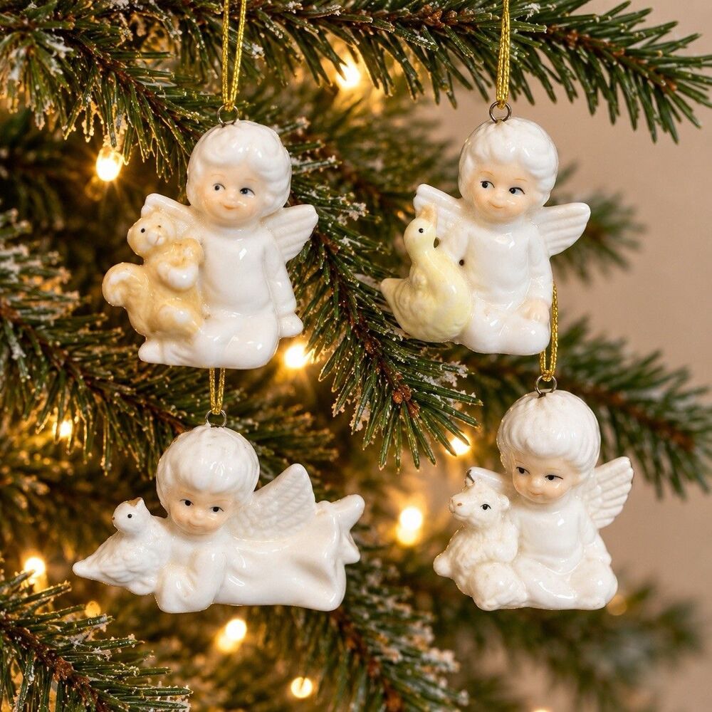 Vintage Ceramic Angel Animal Christmas Ornaments Set of 4 Gold Thread Figurines